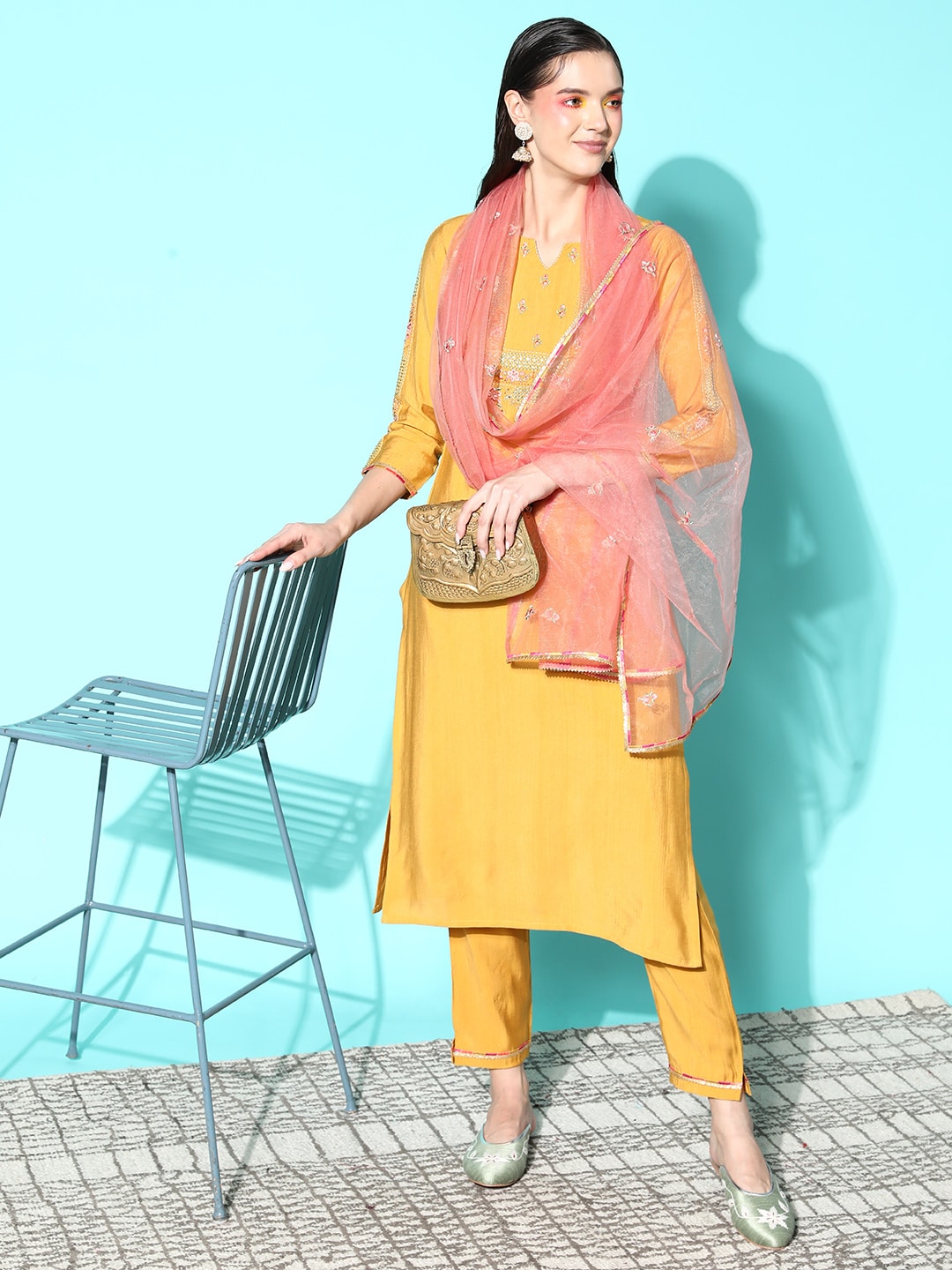 Sangria Floral Embroidered Regular Sequinned Kurta with Trousers & With Dupatta - Distacart