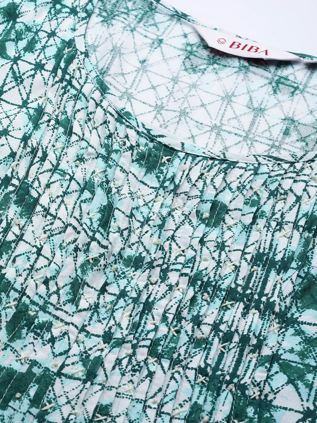 Biba Women Green & White Geometric Dyed Kurta with Mask - Distacart