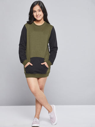 Lyush Olive & Black ColorBlock Terry Sweat Dress For Girls - Distacart