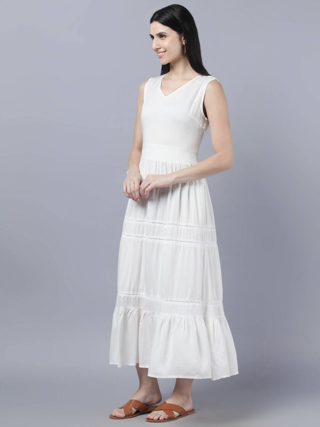 Myshka Women White Solid Maxi Dress - Distacart