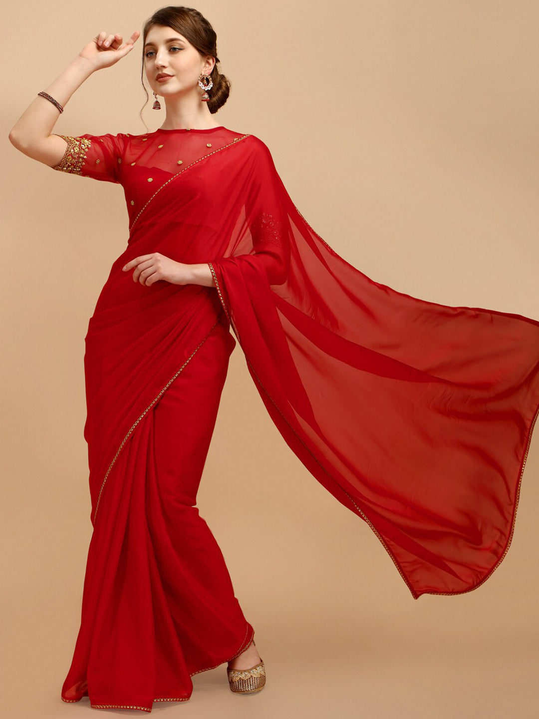 Sangria Red Silk Blend Embroidered Saree - Distacart