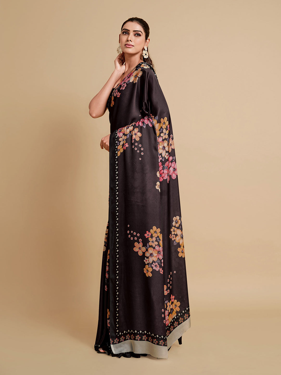 Sangria Black & Burgundy Floral Zari Satin Saree - Distacart