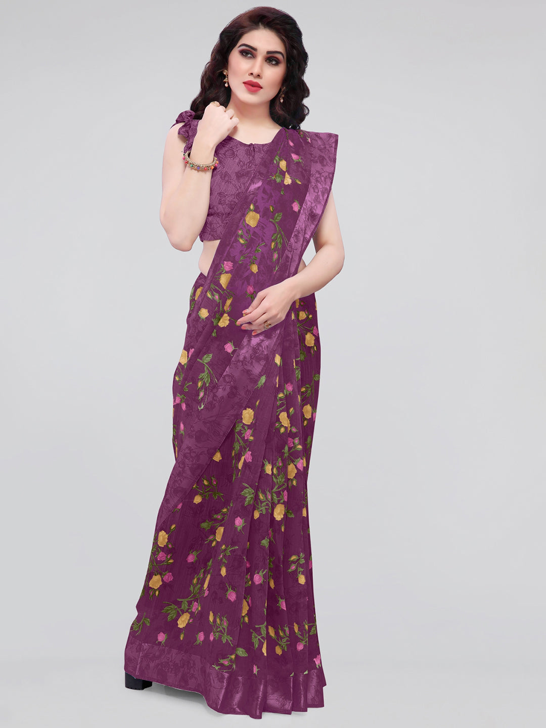 Kalini Purple & Green Floral Printed Designer Bagh Saree - Distacart