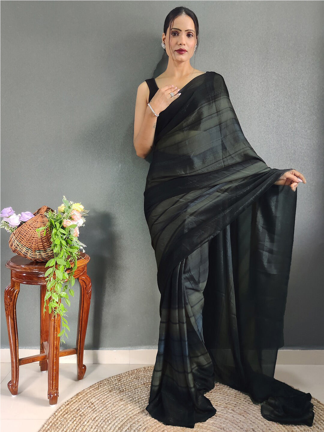 Mitera Striped Zari Poly Georgette Ready to Wear Saree - Distacart