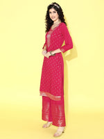 Thumbnail for Sangria Floral Yoke Design Jacquard Kurta with Palazzos & With Dupatta - Distacart