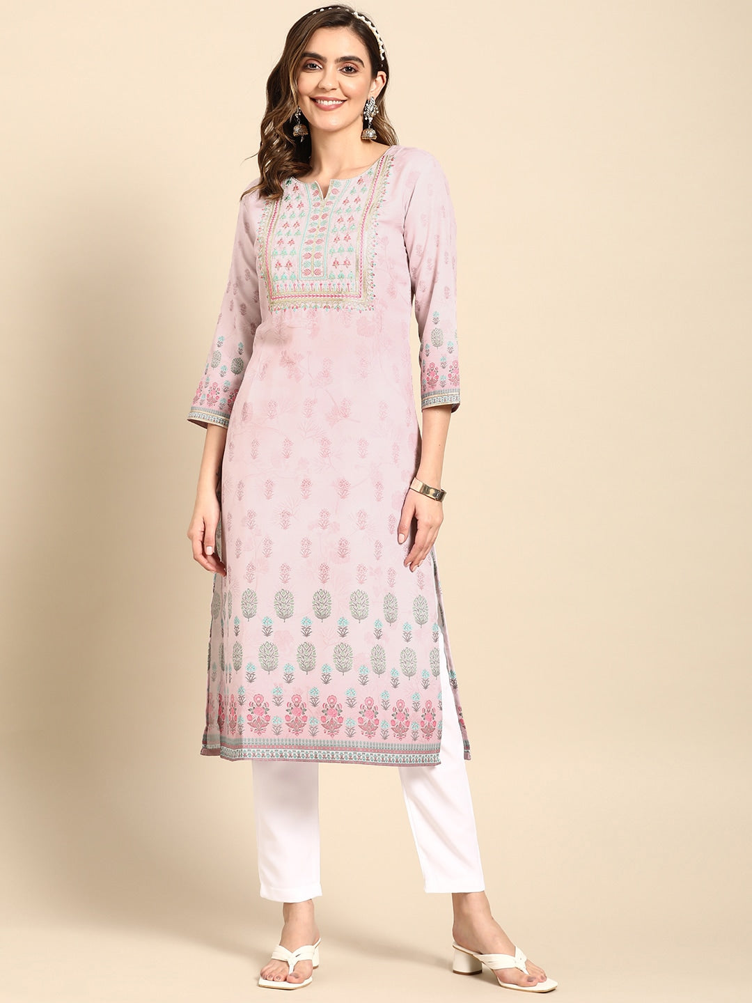 Sangria Women Pink Floral Embroidered Kurta - Distacart