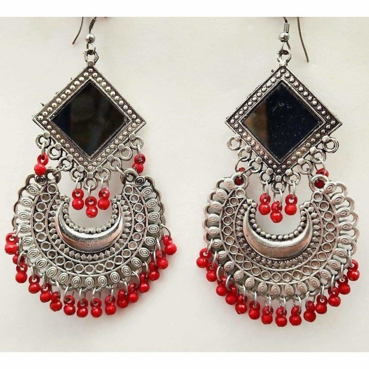 Latest Trendy Chandbali Red Pearls Long Mirror Half Moon Silver Tone Earrings