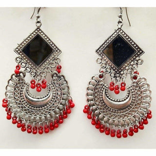 Latest Trendy Chandbali Red Pearls Long Mirror Half Moon Silver Tone Earrings