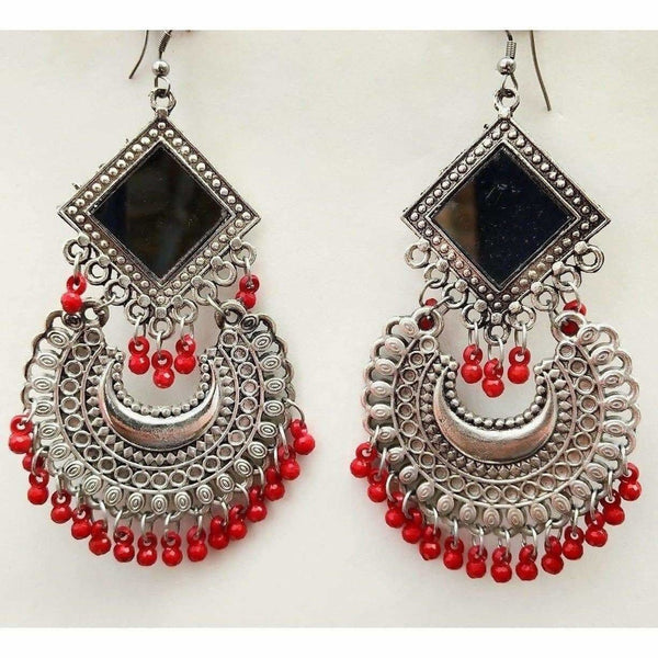 Latest Trendy Chandbali Red Pearls Long Mirror Half Moon Silver Tone Earrings