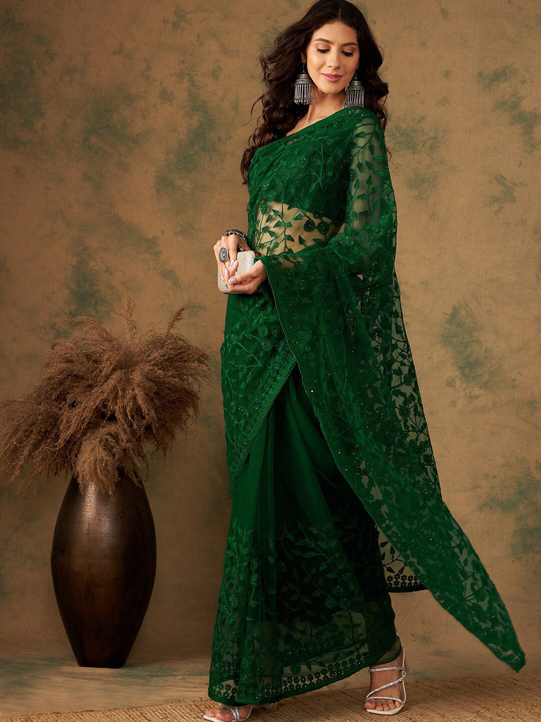 Sangria Floral Embroidered Net Sarees - Distacart