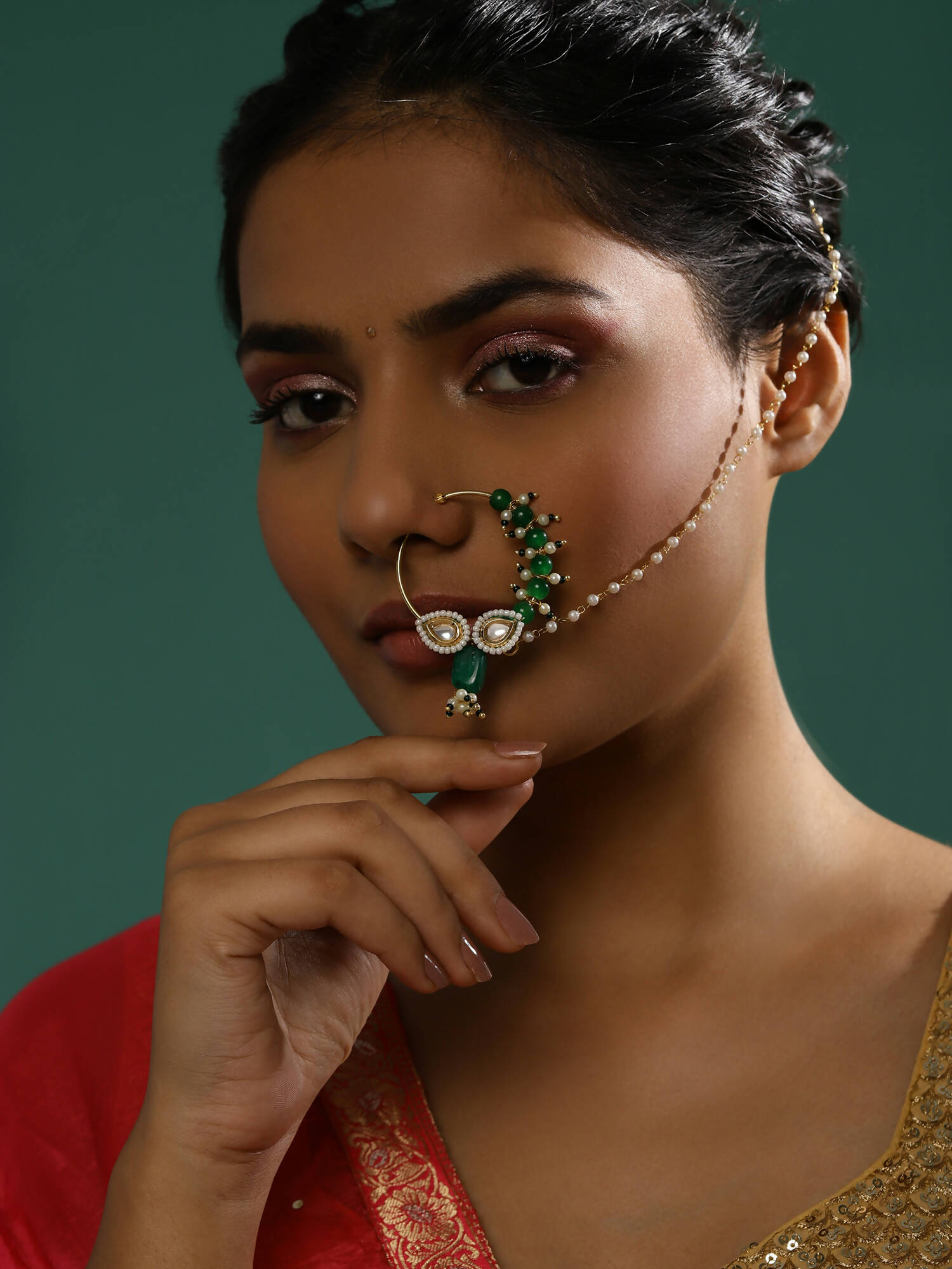 Gold Plated White Green Kundan Studded Beaded Chain Nose Pin - Ruby Raang - Distacart