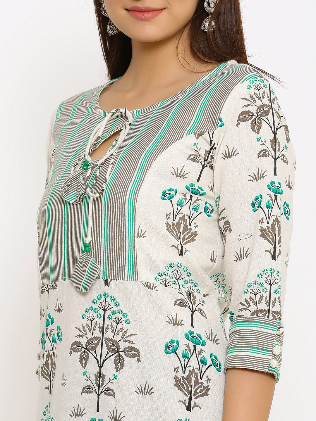 HERE&NOW Off-White & Grey Floral Printed Cotton Flax A-Line Kurta - Distacart