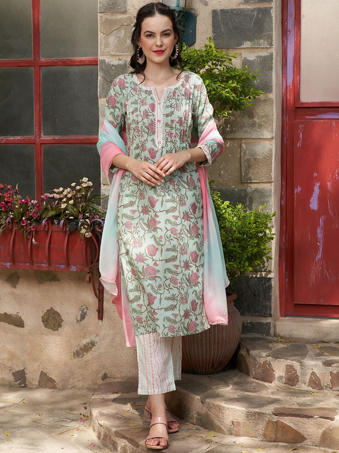 Sangria Printed Pure Cotton Straight Kurta With Trouser & Dupatta - Distacart