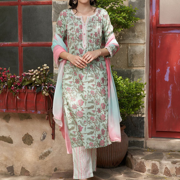 Sangria Printed Pure Cotton Straight Kurta With Trouser & Dupatta - Distacart