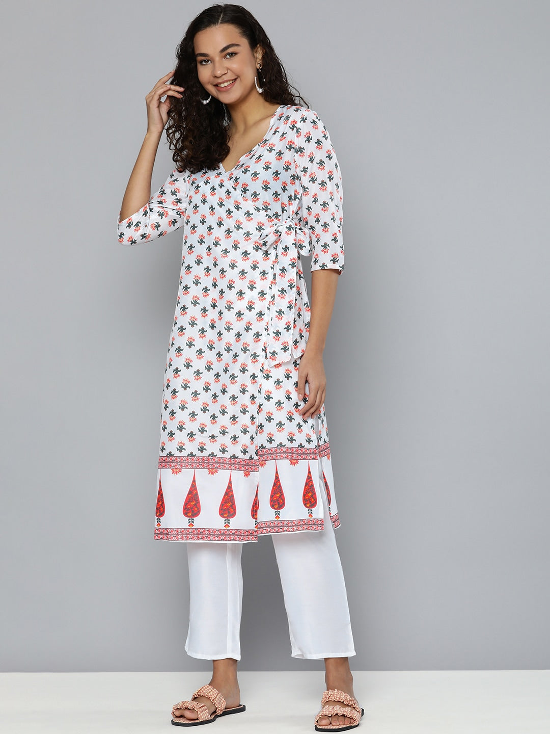 HERE&NOW Women White & Green Floral Printed Angrakha Kurta with Trousers - Distacart