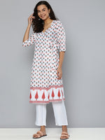 Thumbnail for HERE&NOW Women White & Green Floral Printed Angrakha Kurta with Trousers - Distacart