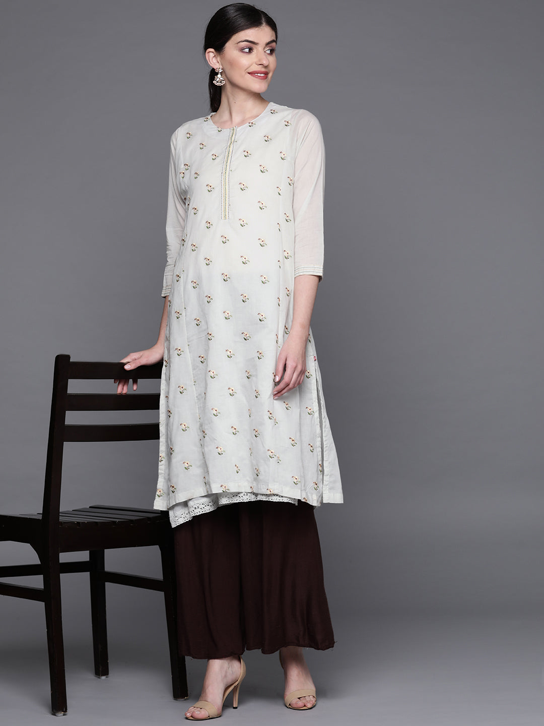 Biba Women Grey & Beige Floral Embroidered A-lIne Layered Kurta - Distacart