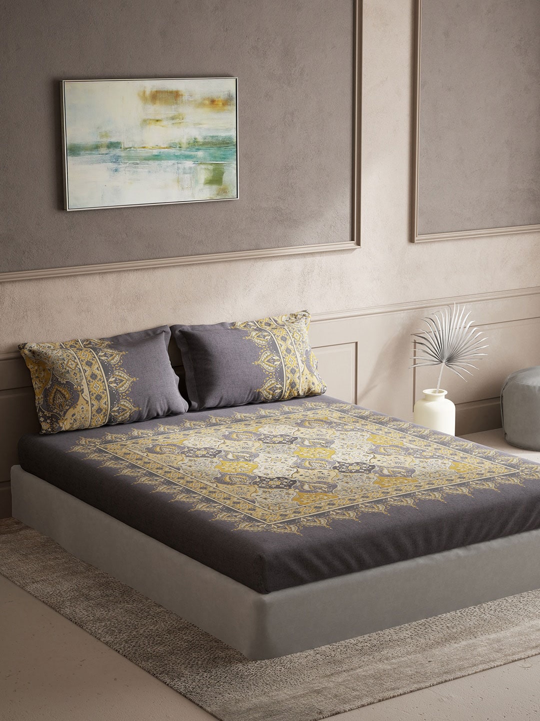 DDecor Grey & Yellow Ethnic Motifs Cotton 140 TC King Bedsheet With 2 Pillow Covers - Distacart