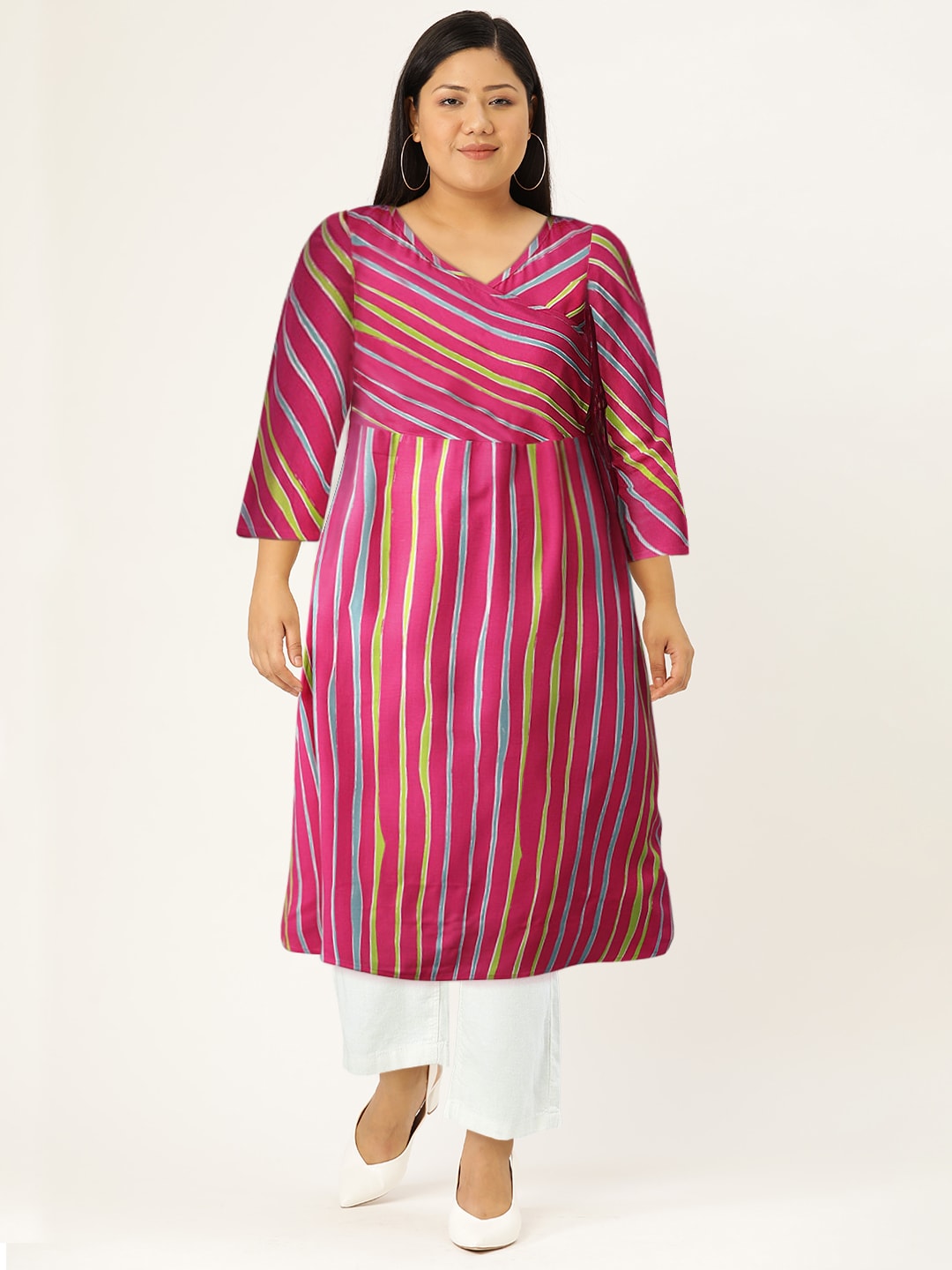 HERE&NOW Women Stripes & Tie-Up A-Line Viscose Kurta - Distacart