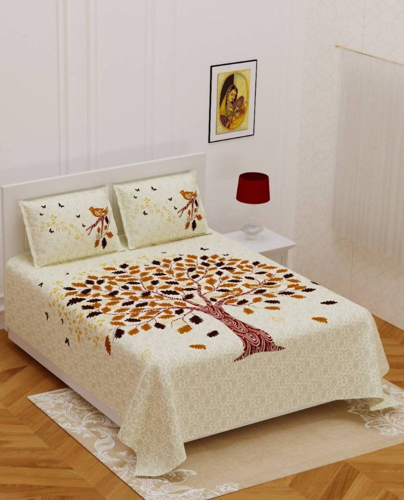 Vamika Printed Beautiful Cotton Cream Bedsheet With Pillow Covers