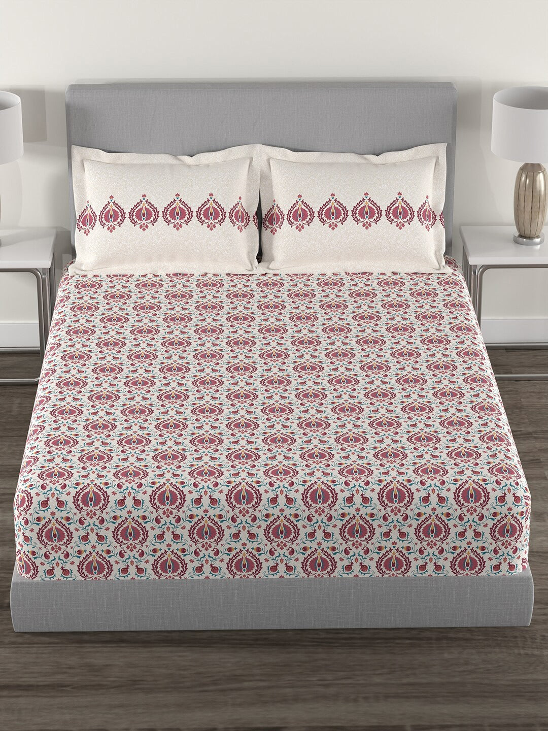 MYTRIDENT White Red Ethnic Motifs 144 TC Cotton Queen Bedsheet With 2 Pillow Covers - Distacart