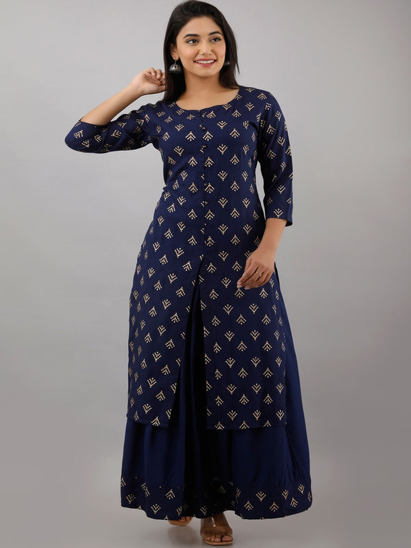 Kalini Women Blue Ethnic Motifs High Slit Kurti with Skirt - Distacart