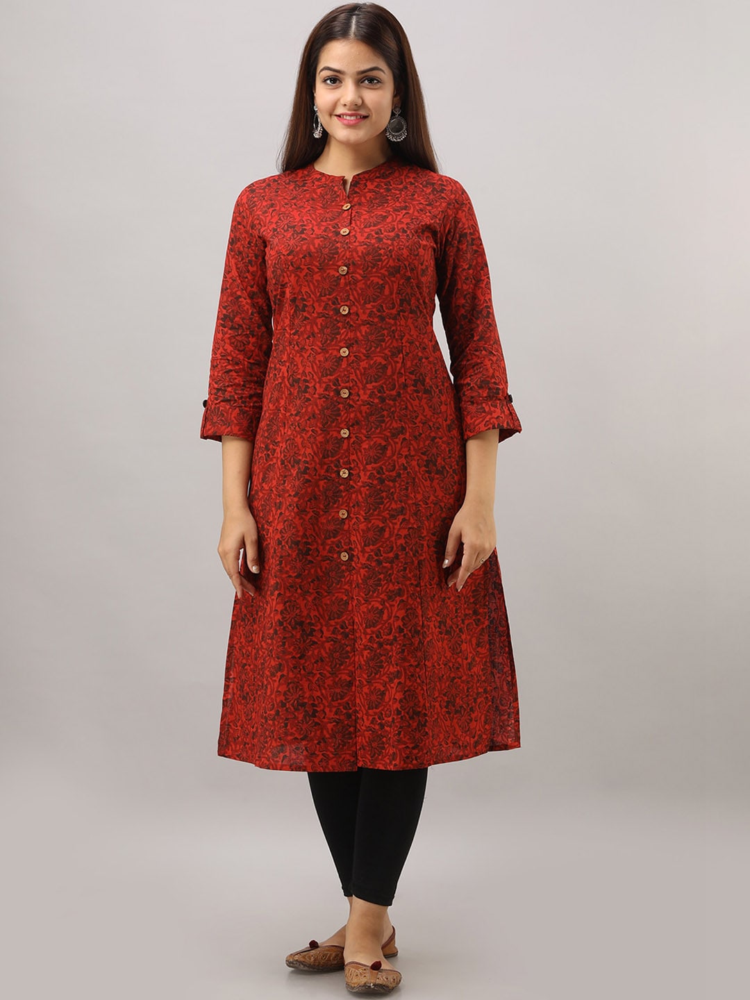 HERE&NOW Maroon Mandarin Collar Floral Straight A-Line Kurta - Distacart