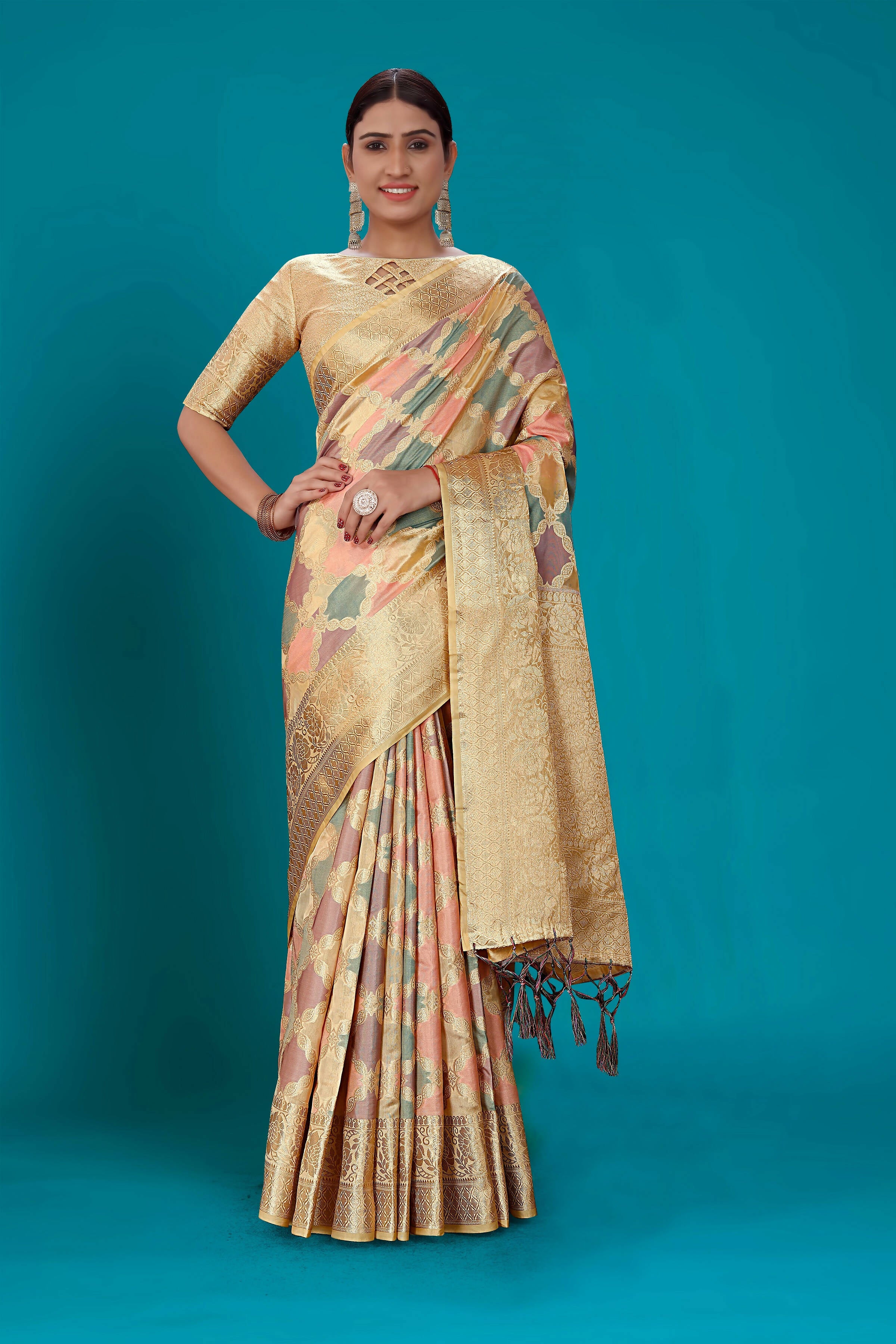 Beige Soft Organza Woven Design Saree with Unstitched Blouse Piece - Zaara - Distacart