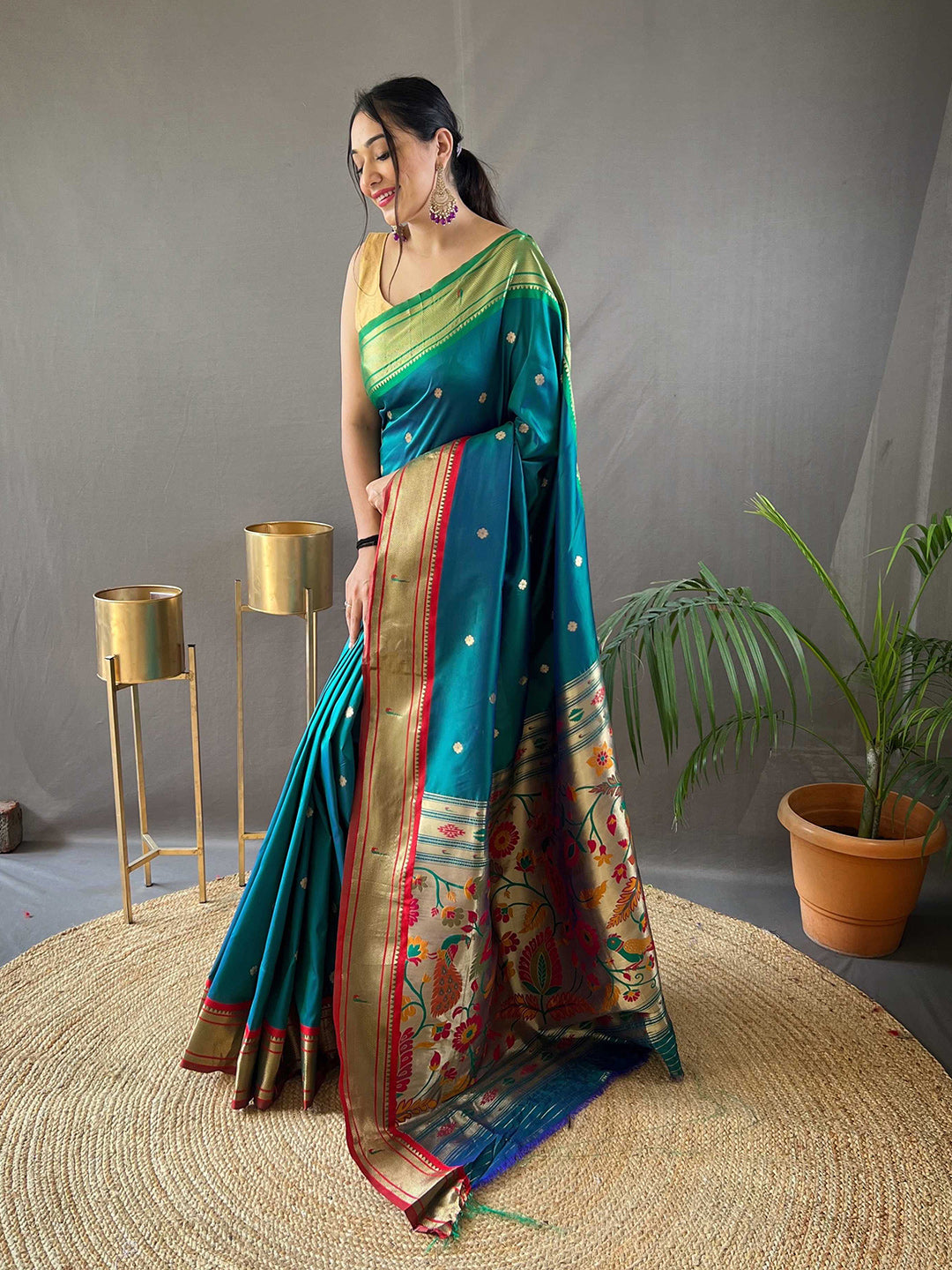 Mitera Teal & Red Ethnic Motifs Woven Design Zari Silk Blend Paithani Saree - Distacart