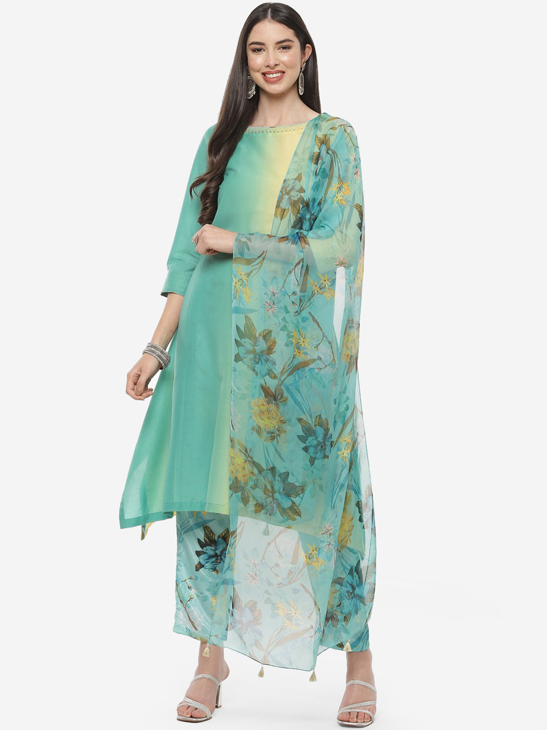 Biba Women Sea Green & Yellow Kurta with Trousers & Dupatta - Distacart