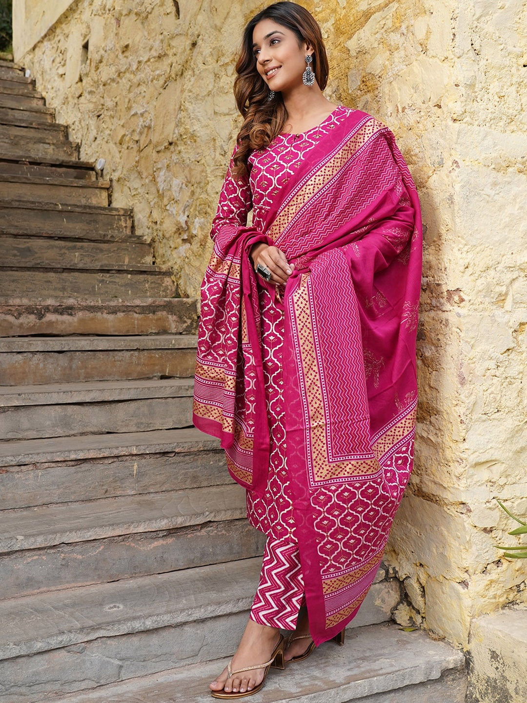 Kalini Keyhole Neck Ethnic Motifs Printed Regular Kurta with Trousers & With Dupatta - Distacart