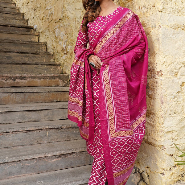 Kalini Keyhole Neck Ethnic Motifs Printed Regular Kurta with Trousers & With Dupatta - Distacart