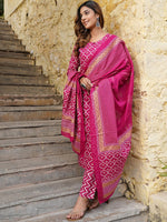 Thumbnail for Kalini Keyhole Neck Ethnic Motifs Printed Regular Kurta with Trousers & With Dupatta - Distacart