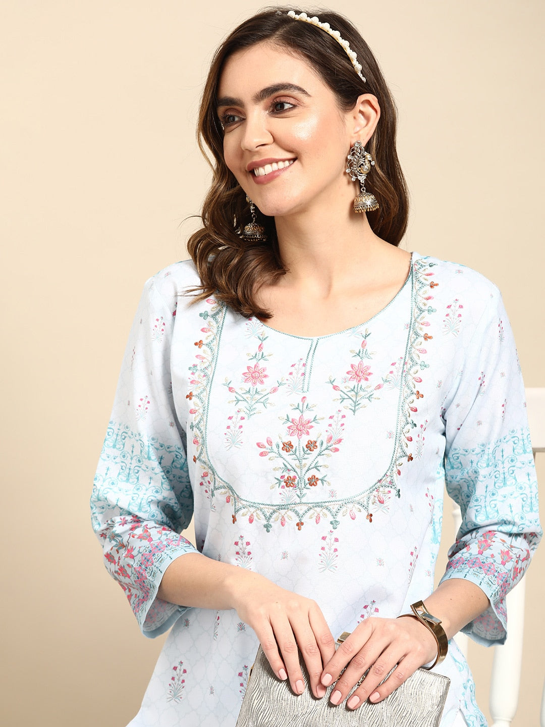 Sangria Women Turquoise Blue Floral Embroidered Kurta - Distacart