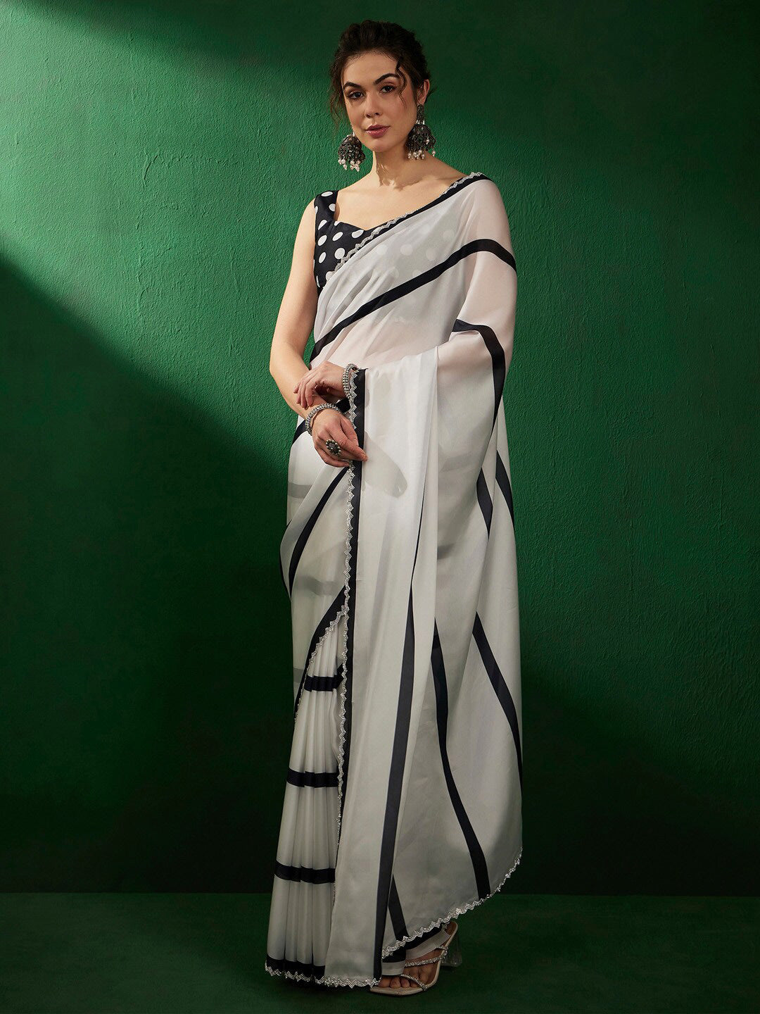 Sangria Striped Woven Design Beads and Stones Saree - Distacart
