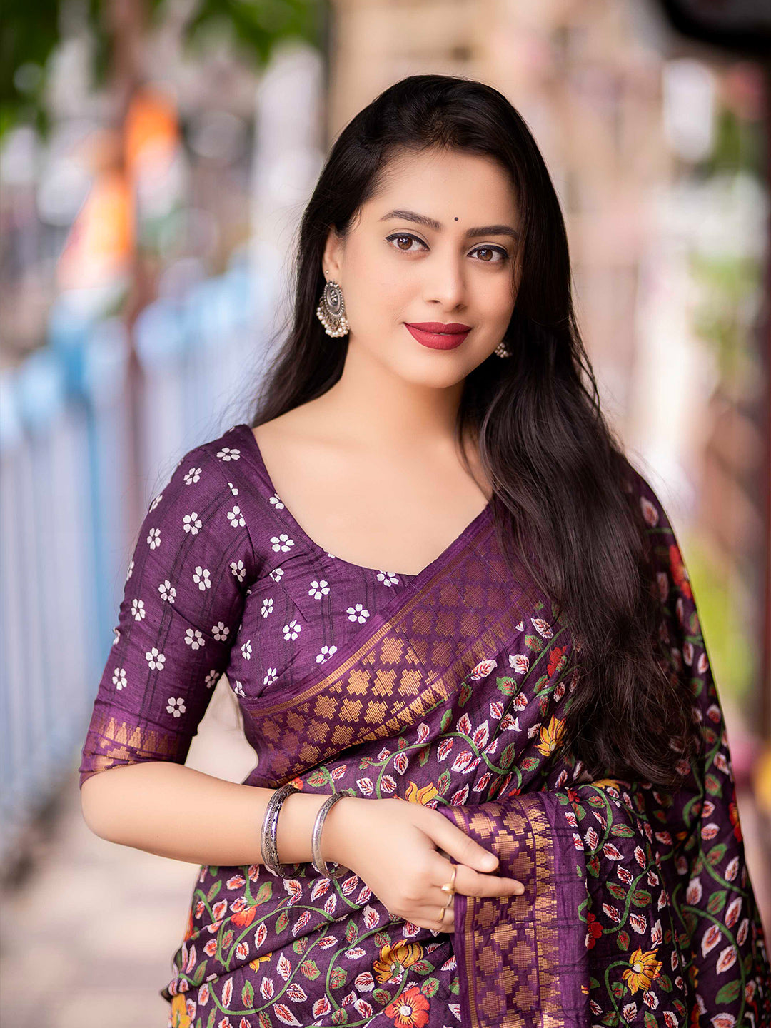 Mitera Purple Kalamkari Printed Zari Woven Design Saree - Distacart