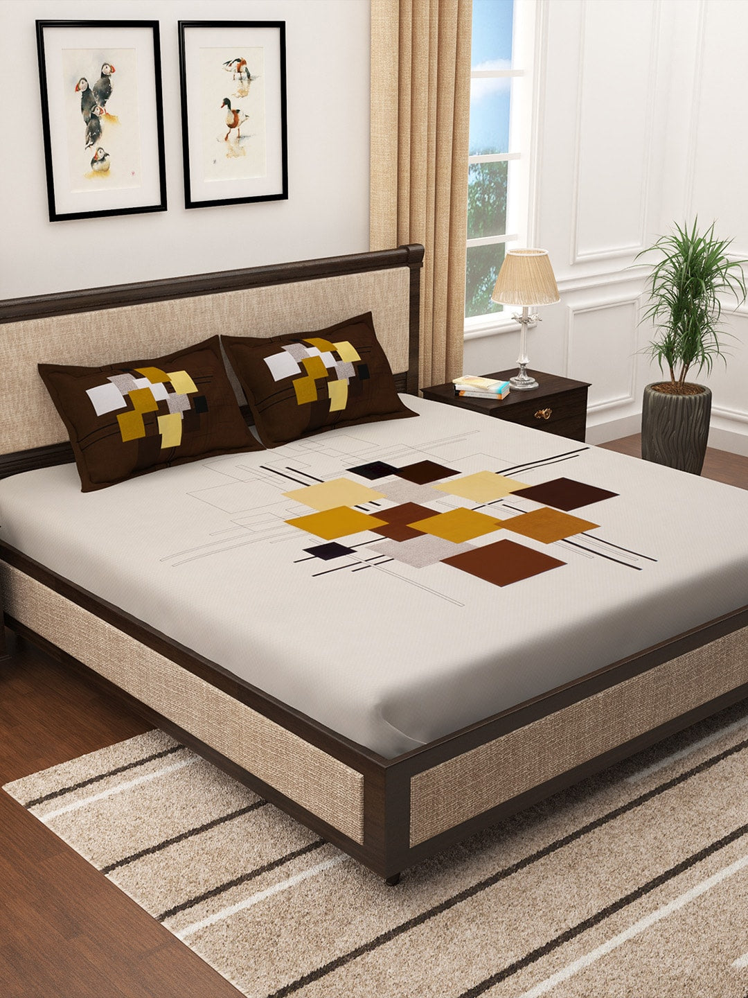 Story@home Cream-Coloured & Brown Abstract 300 TC Cotton 1 King Bedsheet with 2 Pillow Covers - Distacart