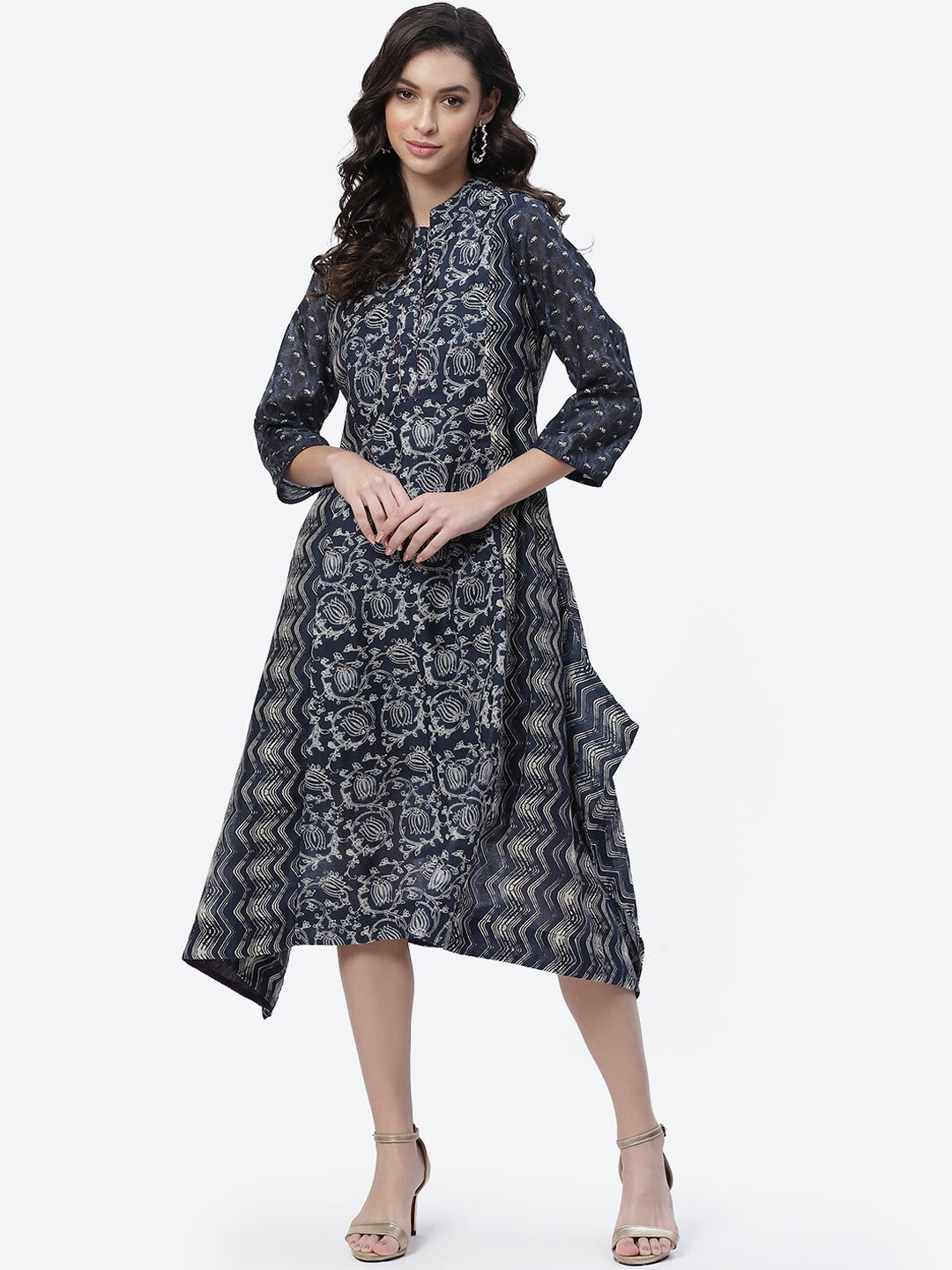 Biba Women Navy Blue Ethnic Motifs Printed Asymmetric Kurta - Distacart