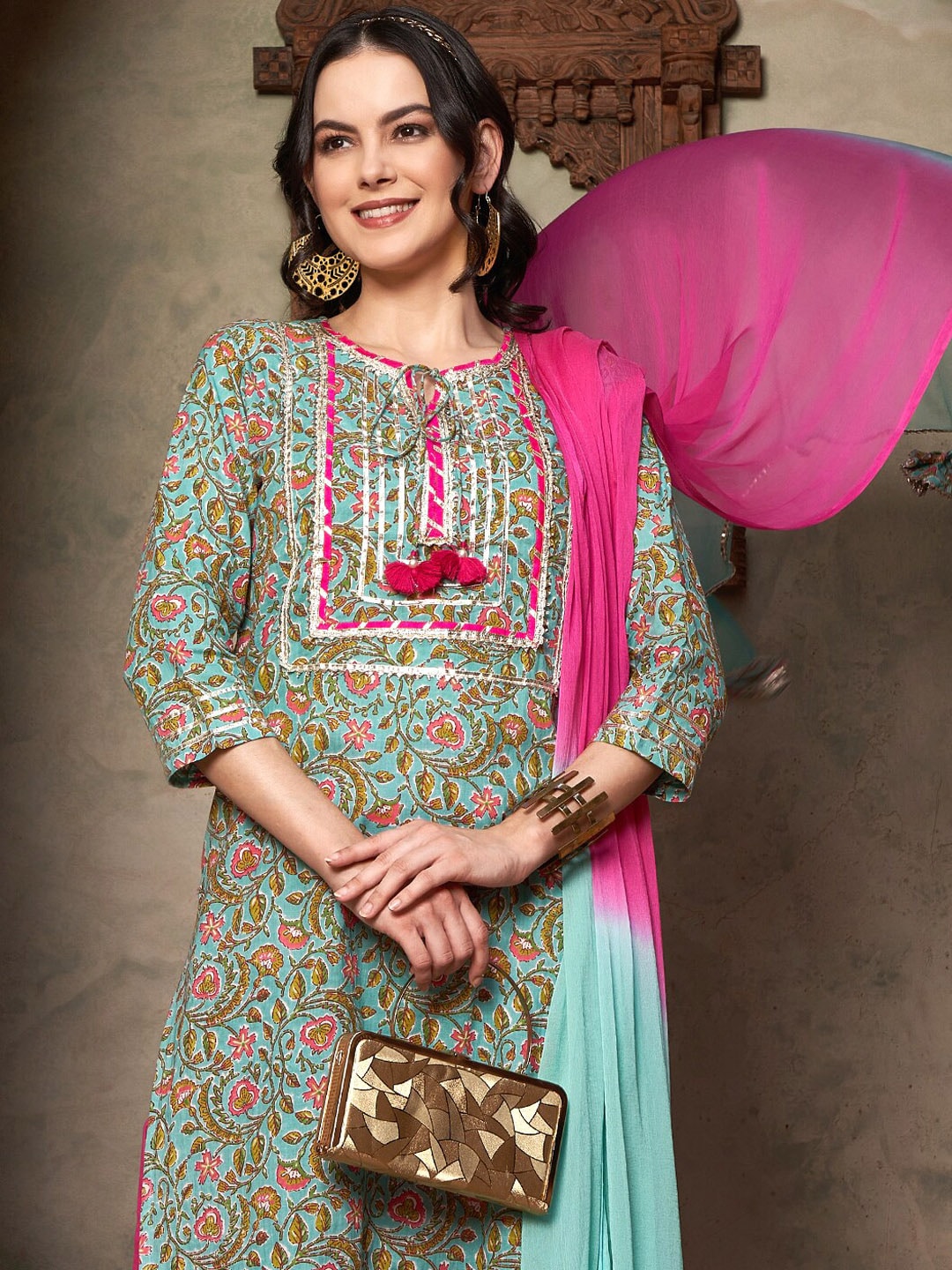 Sangria Ethnic Motifs Yoke Design Pure Cotton Kurta With Trousers & Dupatta - Distacart