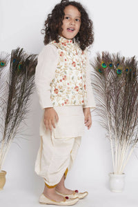 Thumbnail for Little Bansi Banarsi Floral Embroidery Jacket Wth Cotton Kantha kurta And Kantha Dhoti - Cream - Distacart