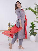 Thumbnail for HERE&NOW Women Grey Ethnic Motifs Printed Gotta Patti Kurta with Trouser & Dupatta - Distacart