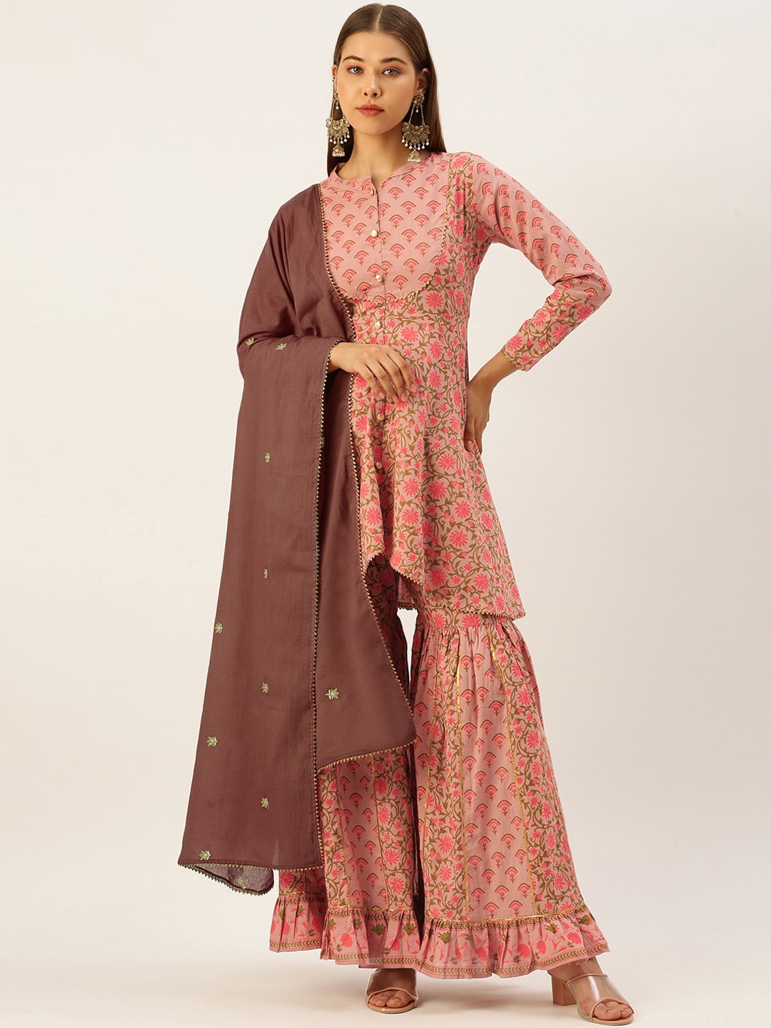 HERE&NOW Women Pink & Coffee Brown Printed Cotton Kurti with Sharara & With Dupatta - Distacart
