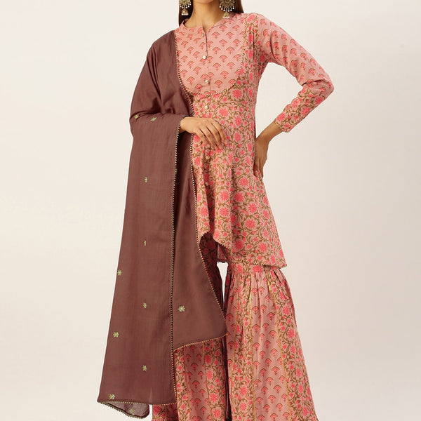HERE&NOW Women Pink & Coffee Brown Printed Cotton Kurti with Sharara & With Dupatta - Distacart