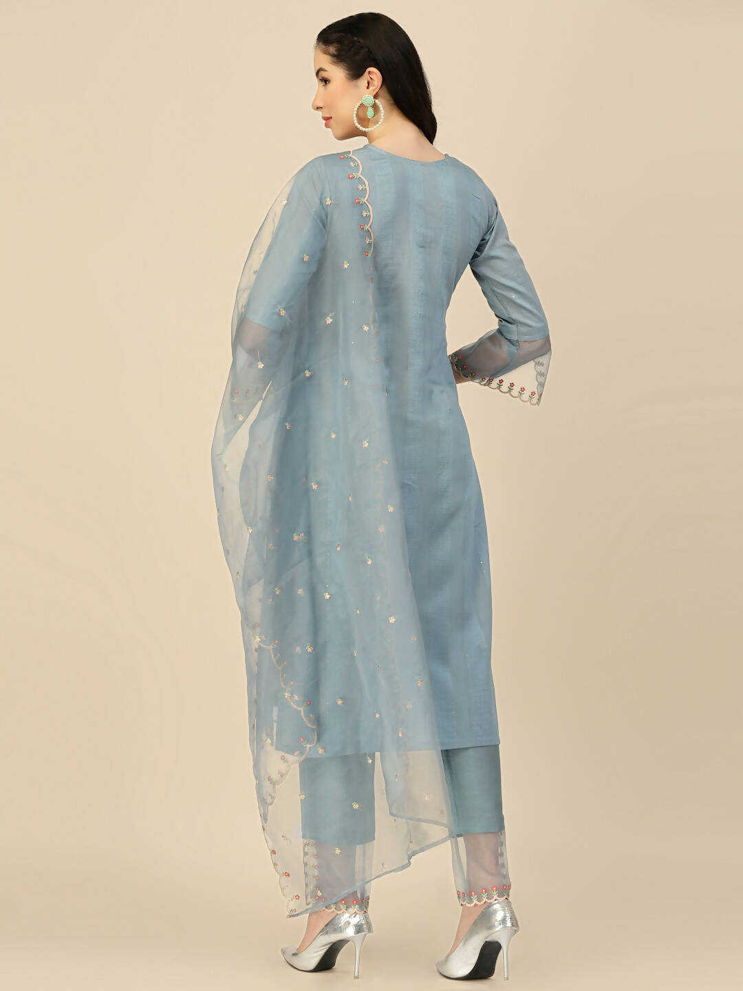 Sky Blue Embroidered Chinon Straight Kurta With Trouser & Dupatta - Salimar - Distacart