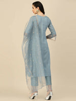 Thumbnail for Sky Blue Embroidered Chinon Straight Kurta With Trouser & Dupatta - Salimar - Distacart