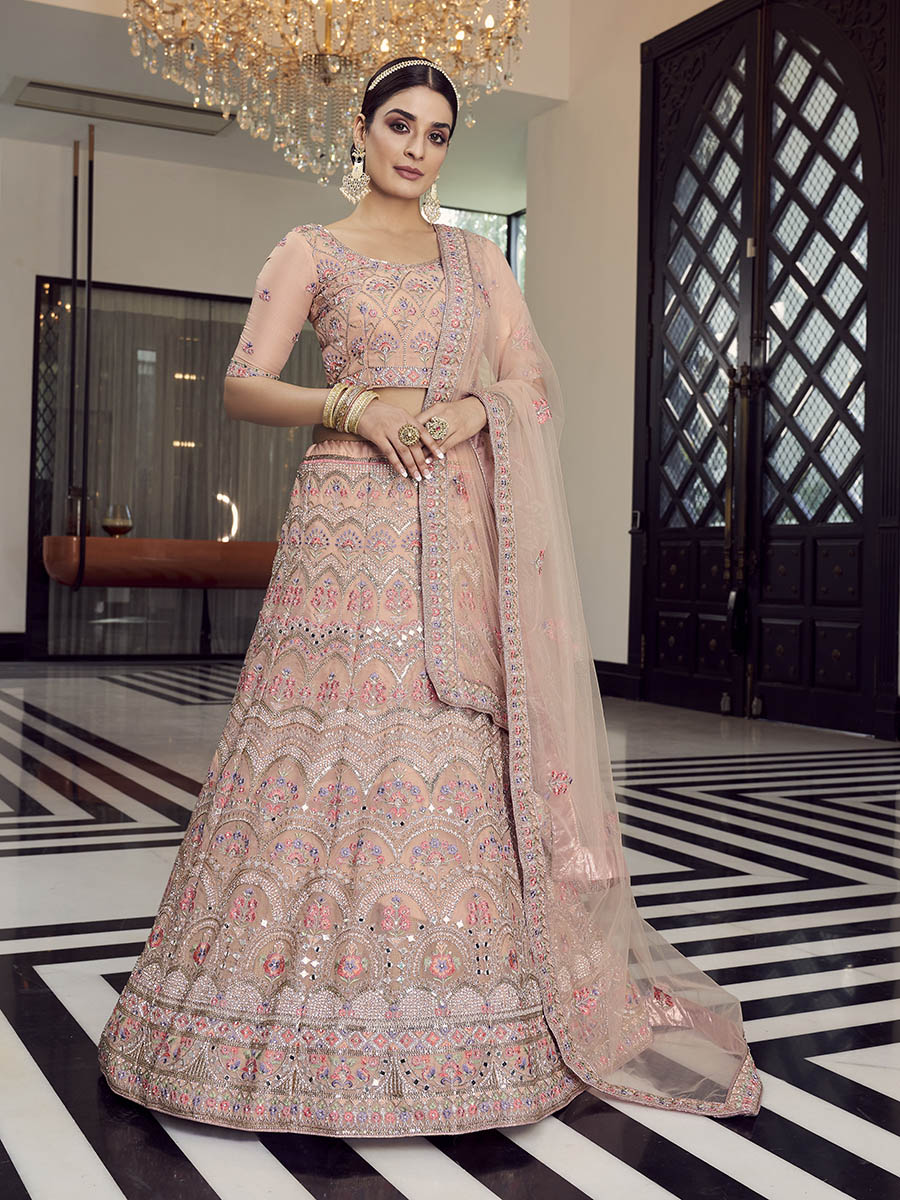 Myra Peach Organza Floral Print Embroidered Designer Lehenga - Distacart