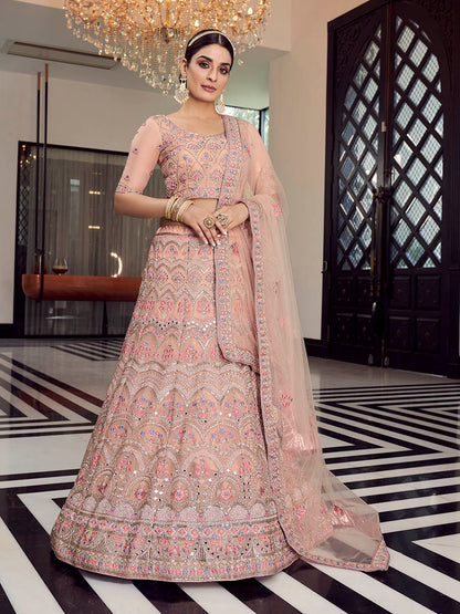 Myra Peach Organza Floral Print Embroidered Designer Lehenga - Distacart