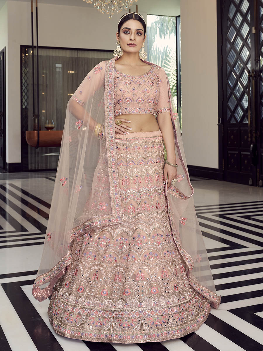 Myra Peach Organza Floral Print Embroidered Designer Lehenga - Distacart
