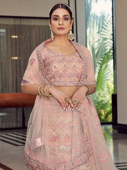 Myra Peach Organza Floral Print Embroidered Designer Lehenga - Distacart