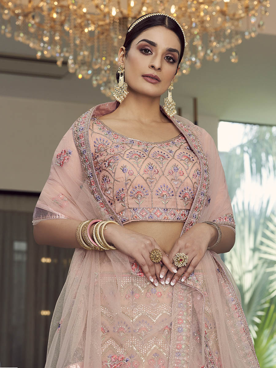 Myra Peach Organza Floral Print Embroidered Designer Lehenga - Distacart